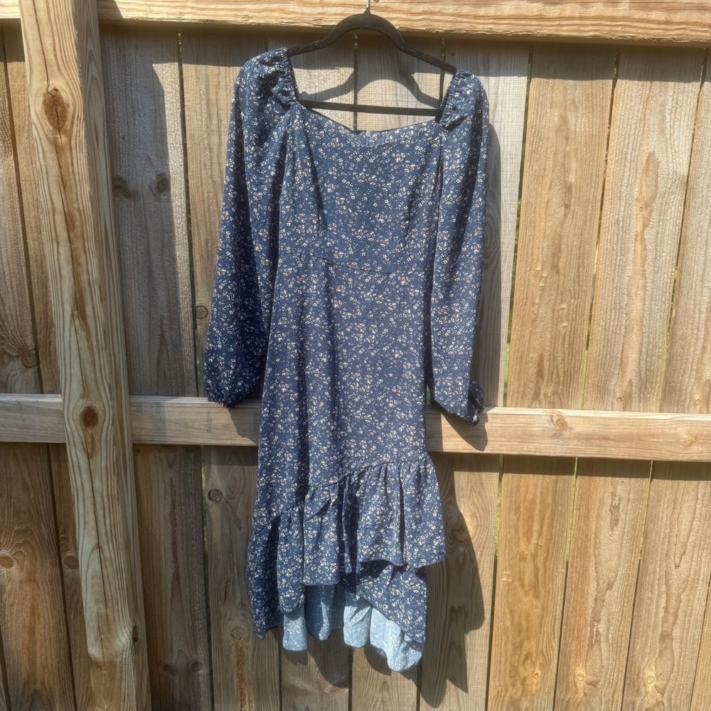 SHEIN Blue Floral Long Sleeve Midi Dress Square Neck Ruffle Hem Cottagecore M 6